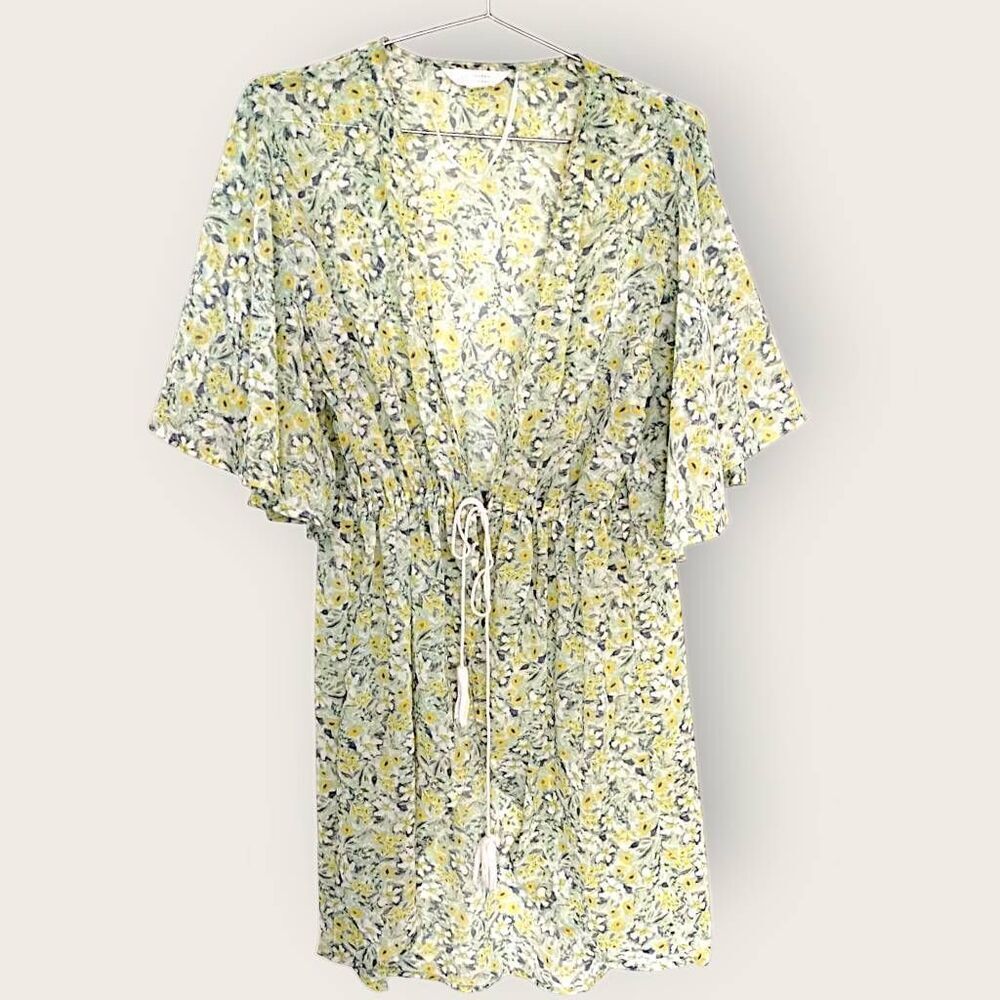 Lauren Conrad Womens Coverup Butter Yellow Green Floral Sheer Waist Tie Beachy